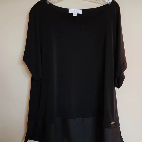 M Magaschoni Woman Short Sleeve 2 Fer Black Blouse Poly Spandex Top Shirt Sheer - Picture 1 of 8